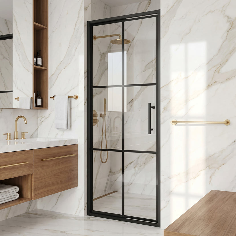 Astoria 32 in. x 76 in. Shower Door with Clear Glass in Matte Black Grid and Elan 24 in. Linear Shower Drain