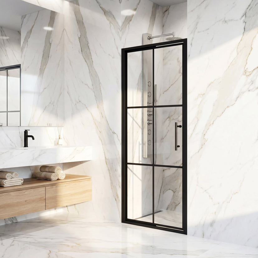 Astoria 32 in. x 76 in. Shower Door with Clear Glass in Matte Black Grid and Elan 24 in. Linear Shower Drain