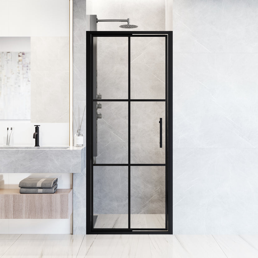 Astoria 32 in. x 76 in. Shower Door with Clear Glass in Matte Black Grid and Elan 24 in. Linear Shower Drain