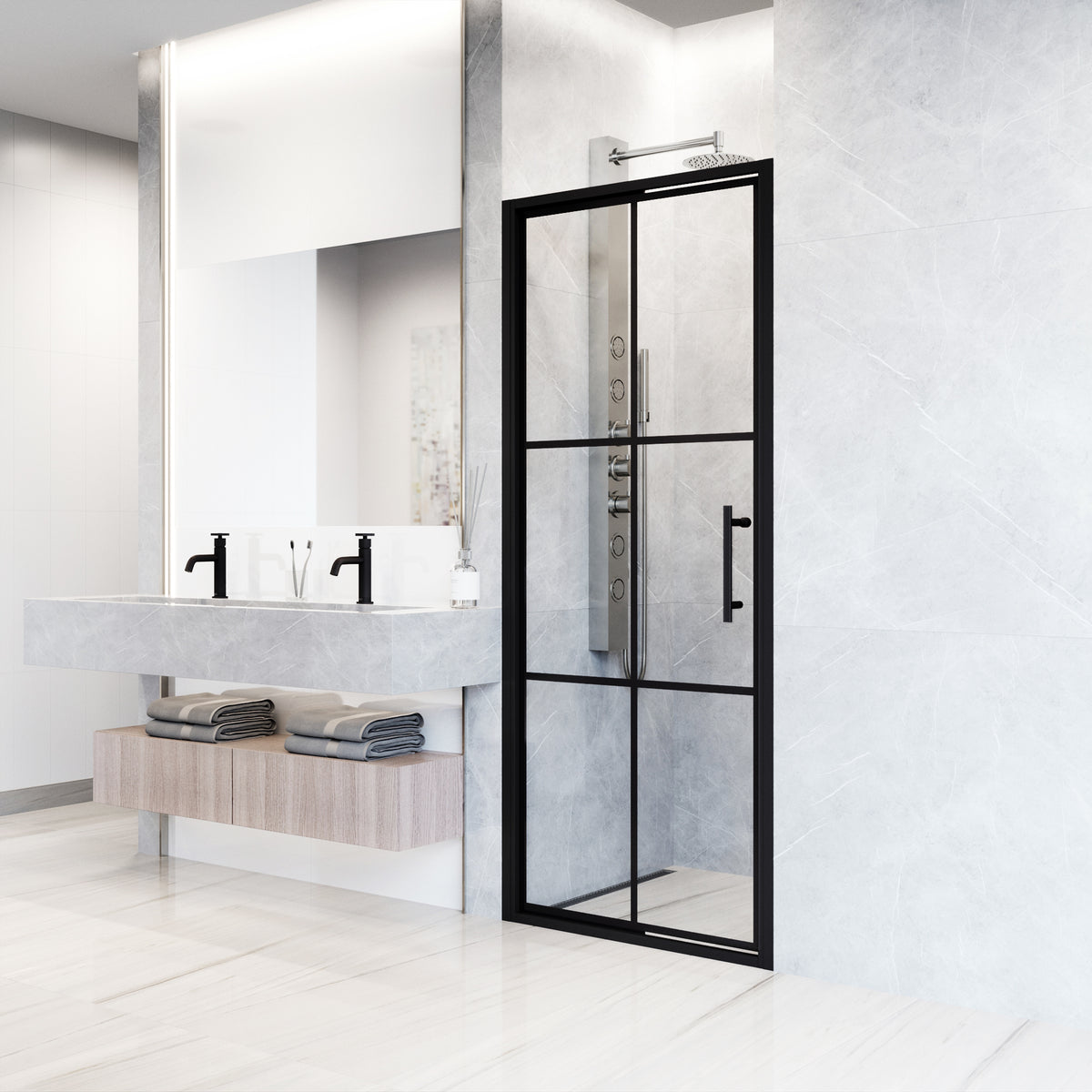 Astoria 32 in. x 76 in. Shower Door with Clear Glass in Matte Black Grid and Elan 24 in. Linear Shower Drain