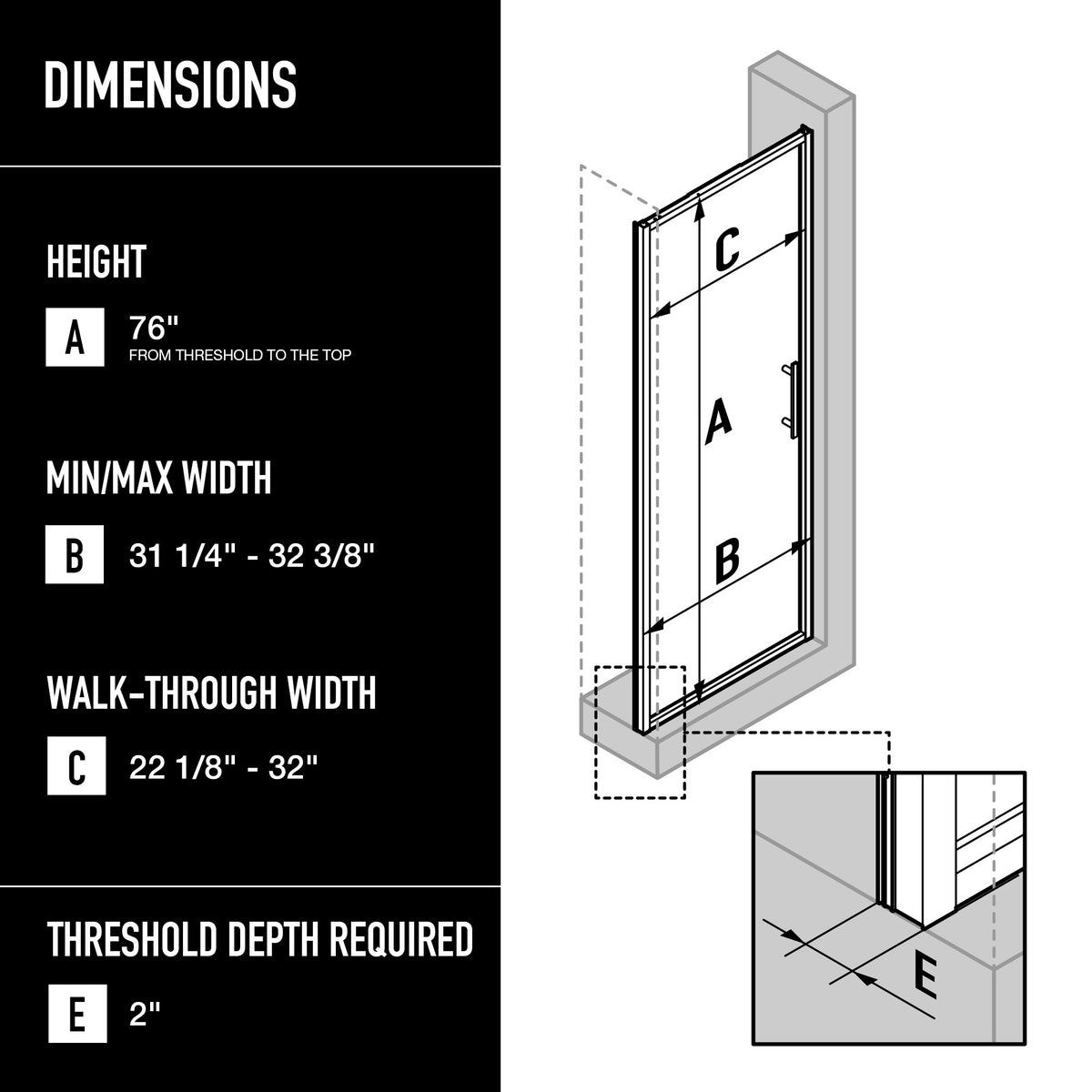 Astoria 32 in. x 76 in. Shower Door with Clear Glass in Matte Black Grid and Elan 24 in. Linear Shower Drain