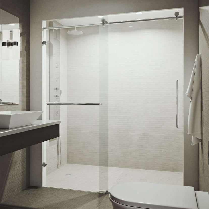 Modern frameless shower door with chrome finish and adjustable 59.5 to 60.5 in width