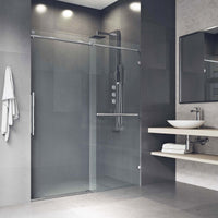Sliding shower door with cool touch exterior and exposed rollers, chrome finish