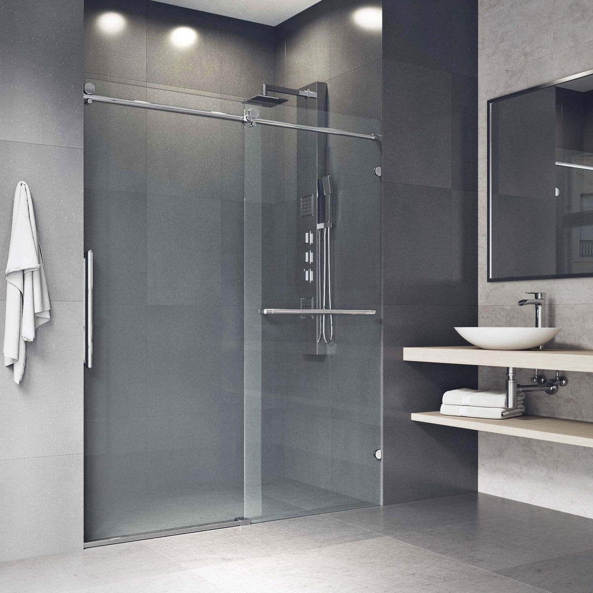 Sliding shower door with cool touch exterior and exposed rollers, chrome finish