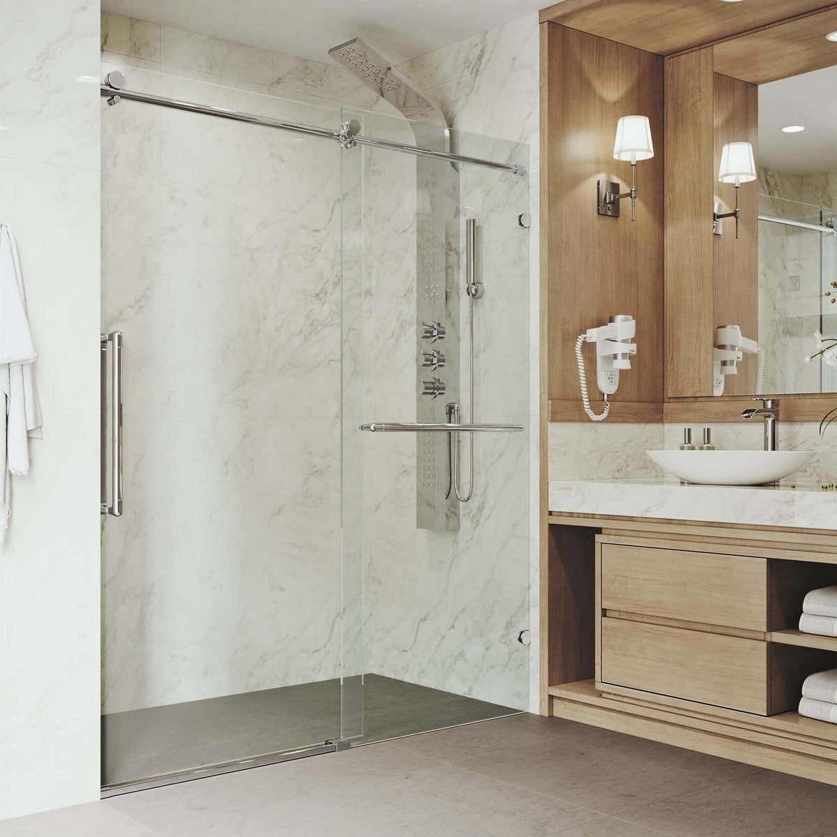 Frameless shower door with reversible installation and clear glass, 74 in height