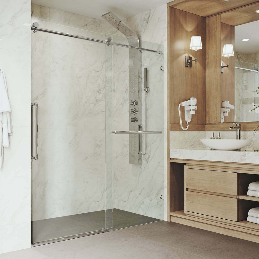 Frameless shower door with reversible installation and clear glass, 74 in height