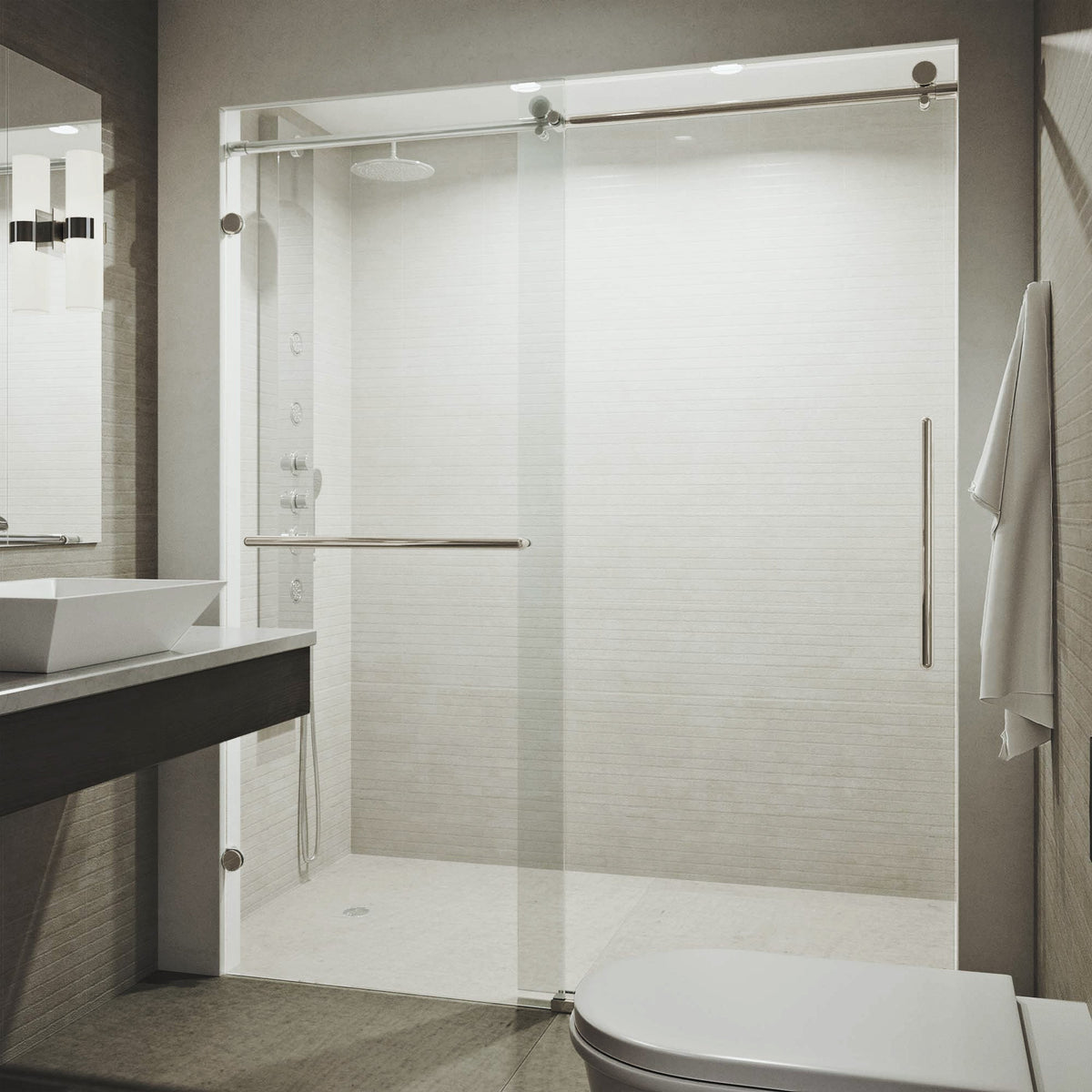 Modern shower door with stainless steel finish and adjustable 71.5 to 72.5 in width