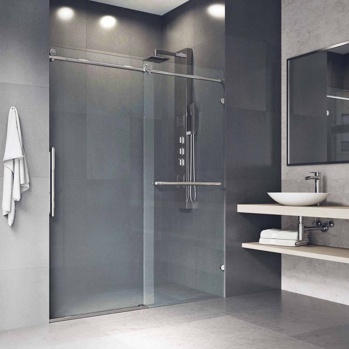 Sliding shower door with cool touch exterior and exposed rollers, stainless steel frame