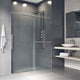 Sliding shower door with cool touch exterior and exposed rollers, stainless steel frame