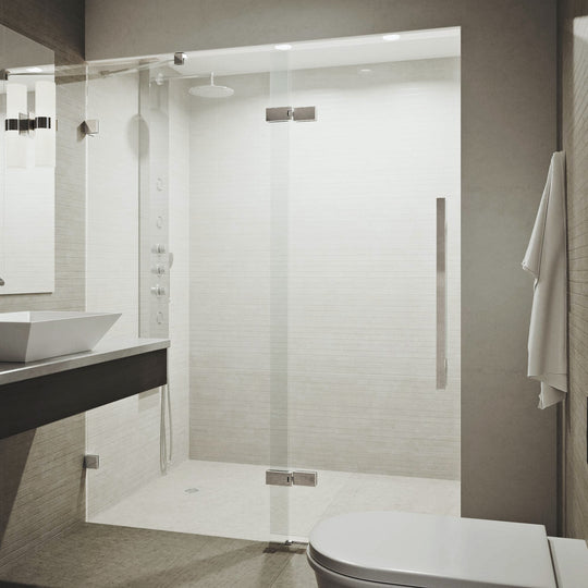 Rochelle 47 1/4 to 48 3/4 in. W x 74 in. H Hinged Frameless Shower Door in Chrome with 5/16 in. (8mm) Clear Glass