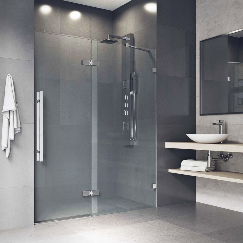 Rochelle 47 1/4 to 48 3/4 in. W x 74 in. H Hinged Frameless Shower Door in Chrome with 5/16 in. (8mm) Clear Glass