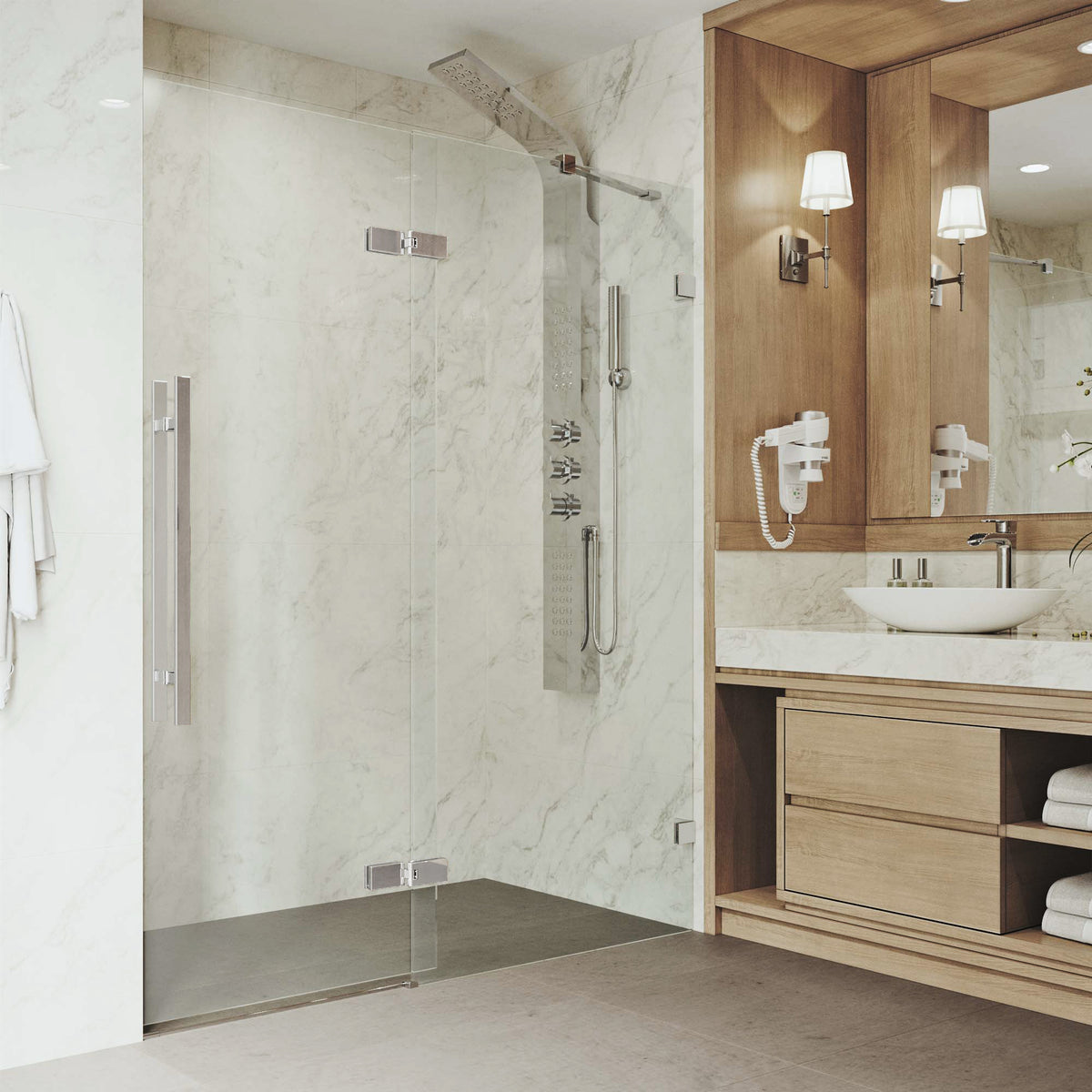 Rochelle 47 1/4 to 48 3/4 in. W x 74 in. H Hinged Frameless Shower Door in Chrome with 5/16 in. (8mm) Clear Glass