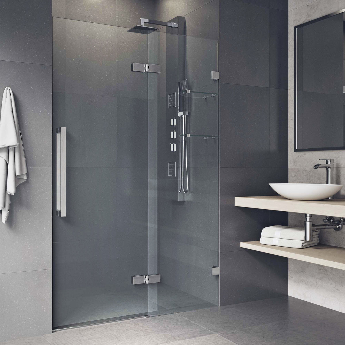 Powell 47 1/4 to 48 3/4 in. W x 74 in. H Hinged Frameless Shower Door in Chrome with 5/16 in. (8mm) Clear Glass