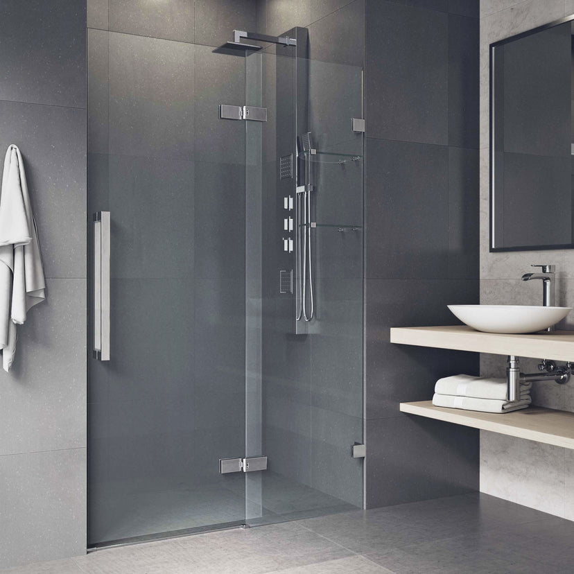 Powell 47 1/4 to 48 3/4 in. W x 74 in. H Hinged Frameless Shower Door in Chrome with 5/16 in. (8mm) Clear Glass