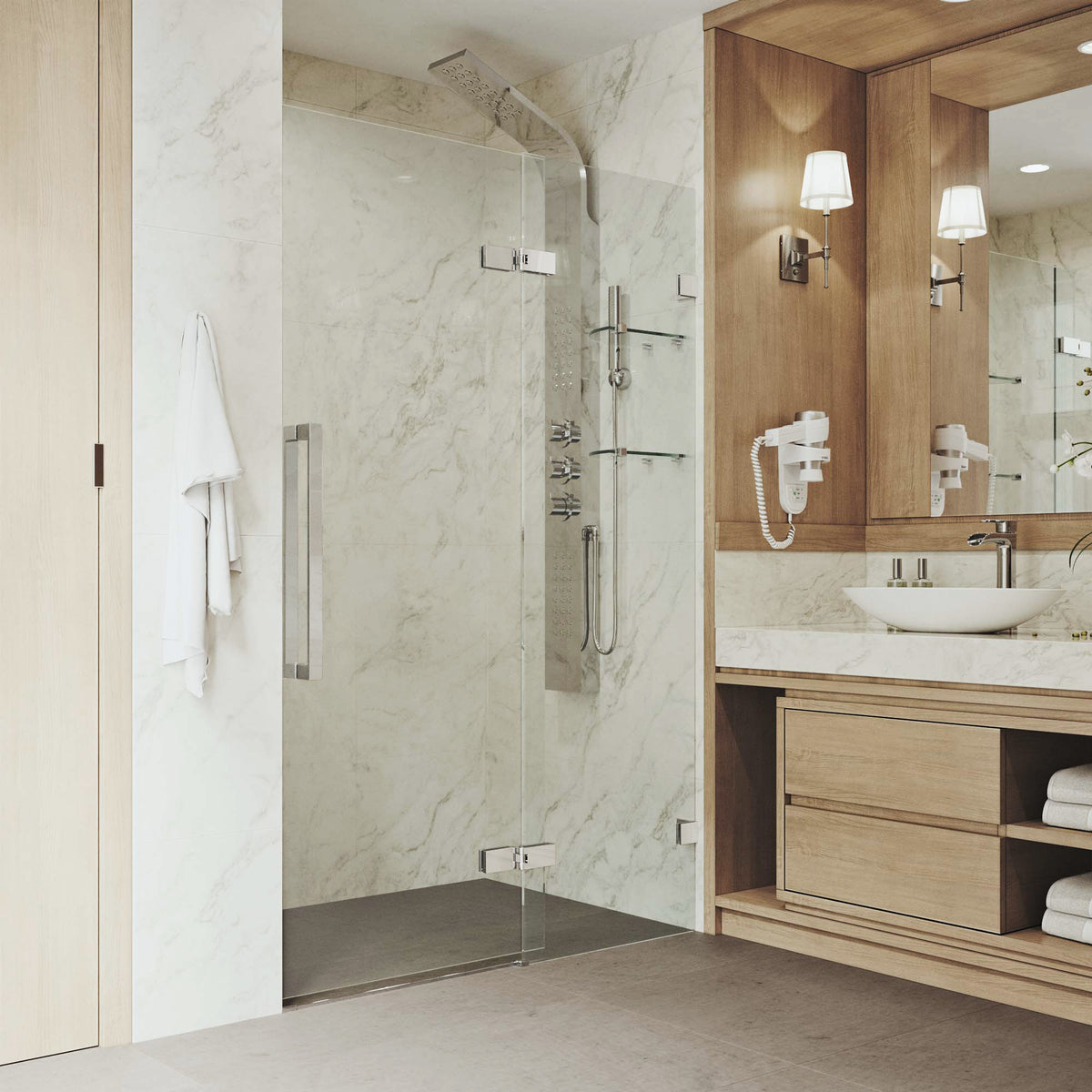 Powell 47 1/4 to 48 3/4 in. W x 74 in. H Hinged Frameless Shower Door in Chrome with 5/16 in. (8mm) Clear Glass