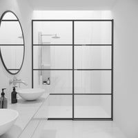 Matte black framed shower door with clear tempered glass and bar handle