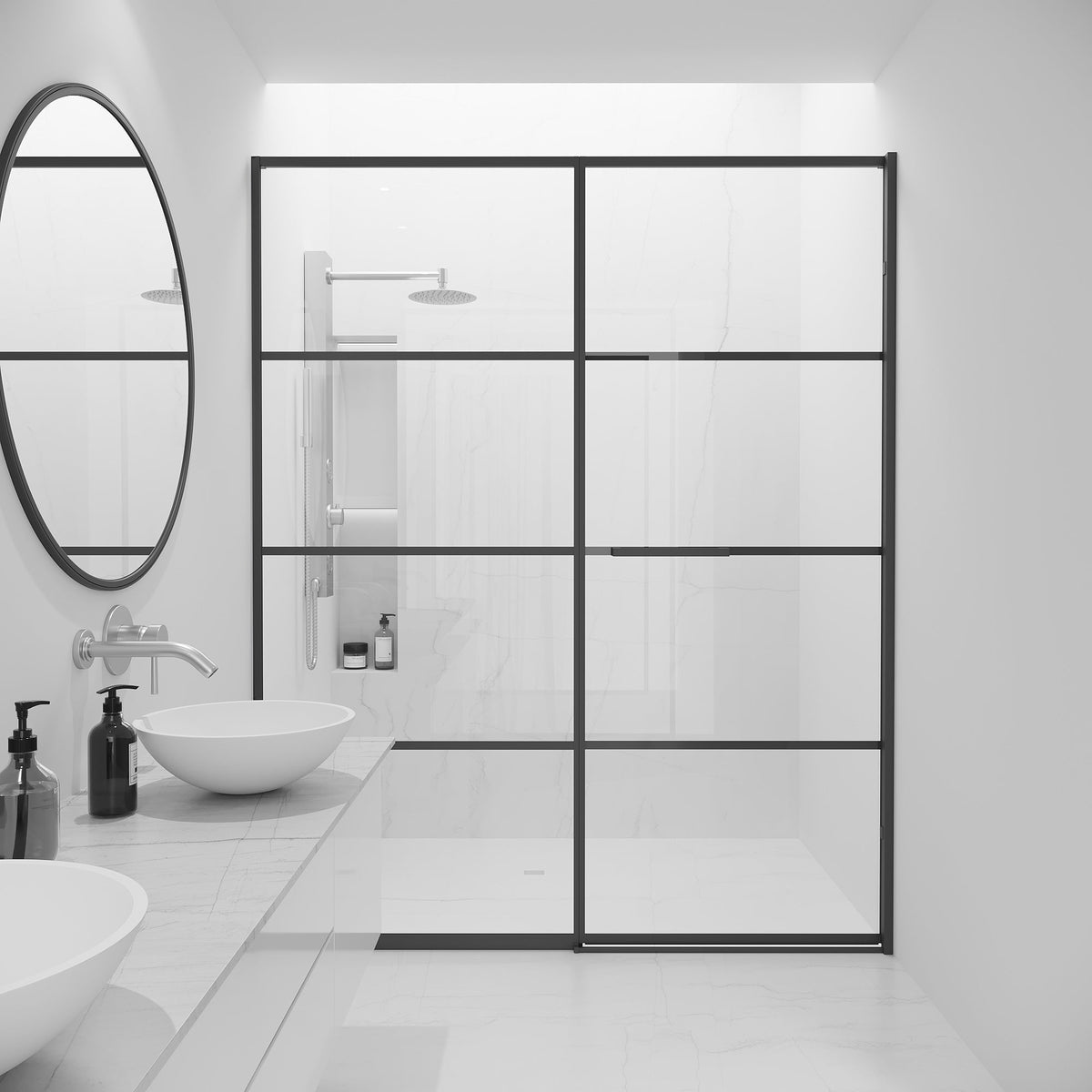Matte black framed shower door with clear tempered glass and bar handle