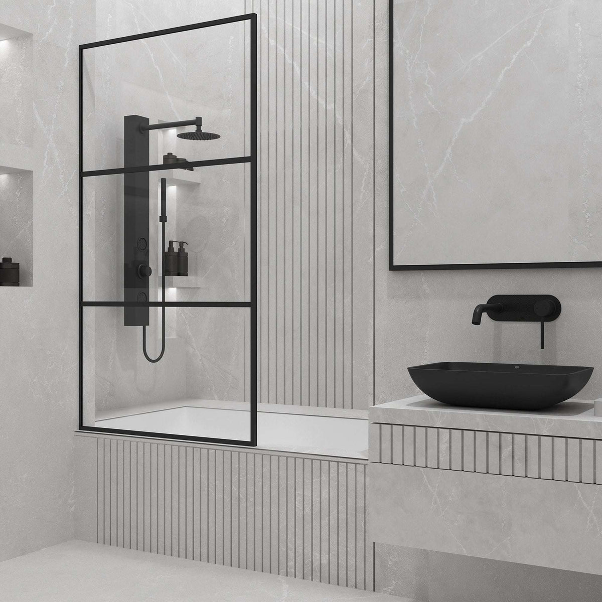 VIGO Meridian 34 x 62 in. Framed Fixed Tub Screen with Clear/Fluted Tempered Glass