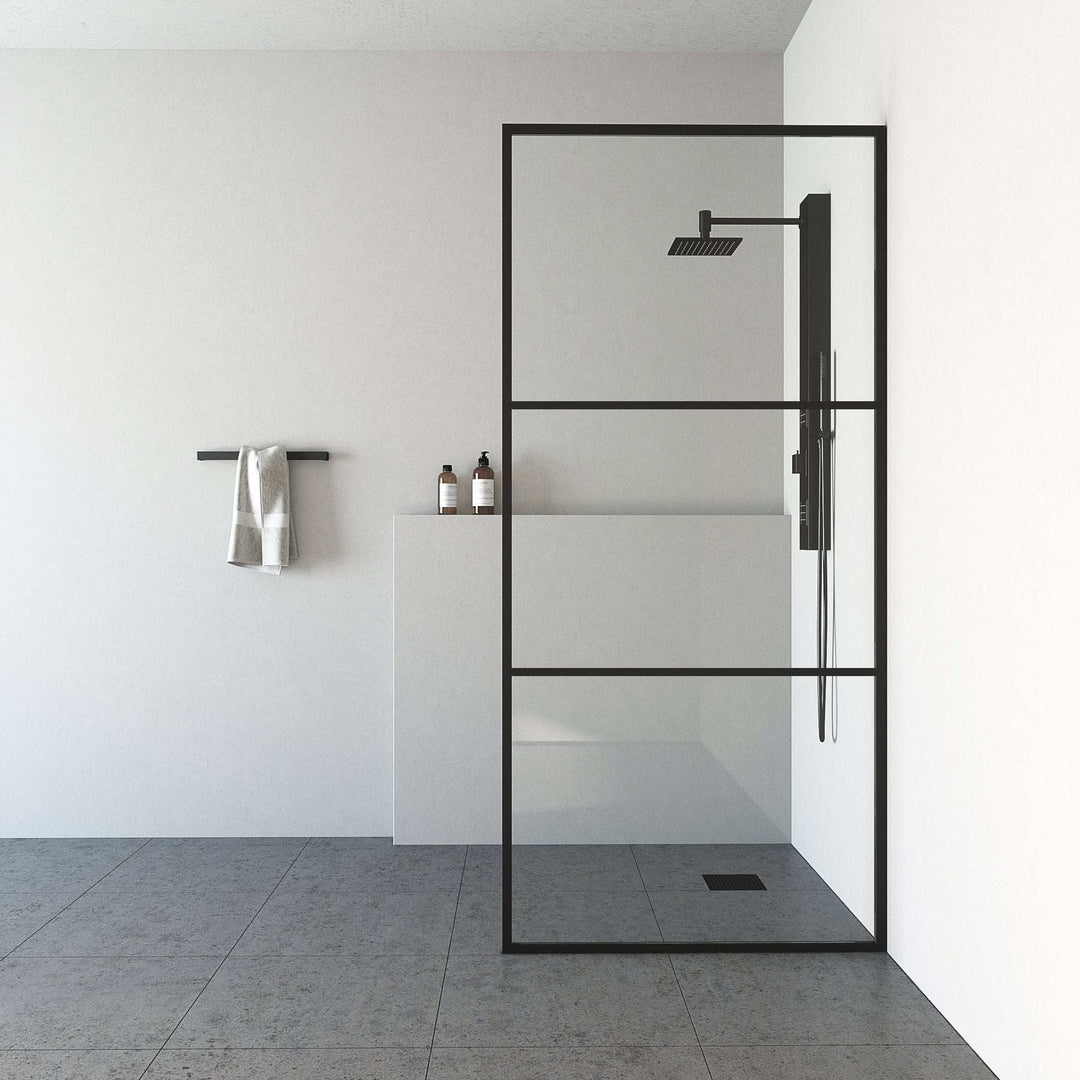Modern framed shower screen with matte black finish and clear tempered glass