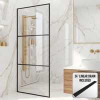 Divide 34 in. W x 74 in. H Framed Fixed Shower Screen in Matte Black with 3/8 in. (10mm) Clear Glass and Elan 24 in. Linear Shower Drain