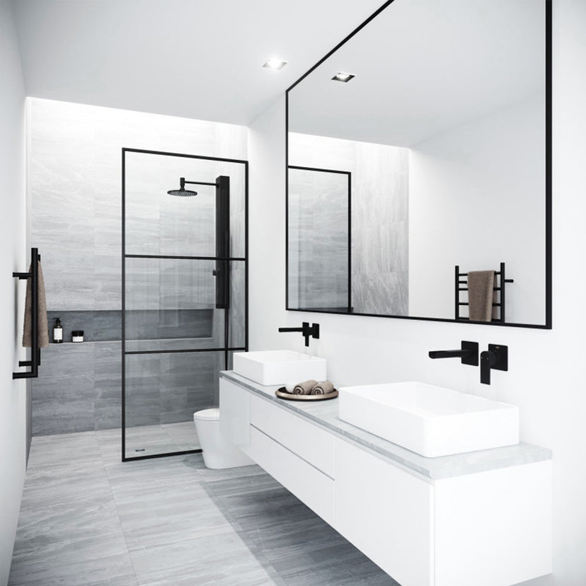 Divide 34 in. W x 74 in. H Framed Fixed Shower Screen in Matte Black with 3/8 in. (10mm) Clear Glass and Elan 24 in. Linear Shower Drain