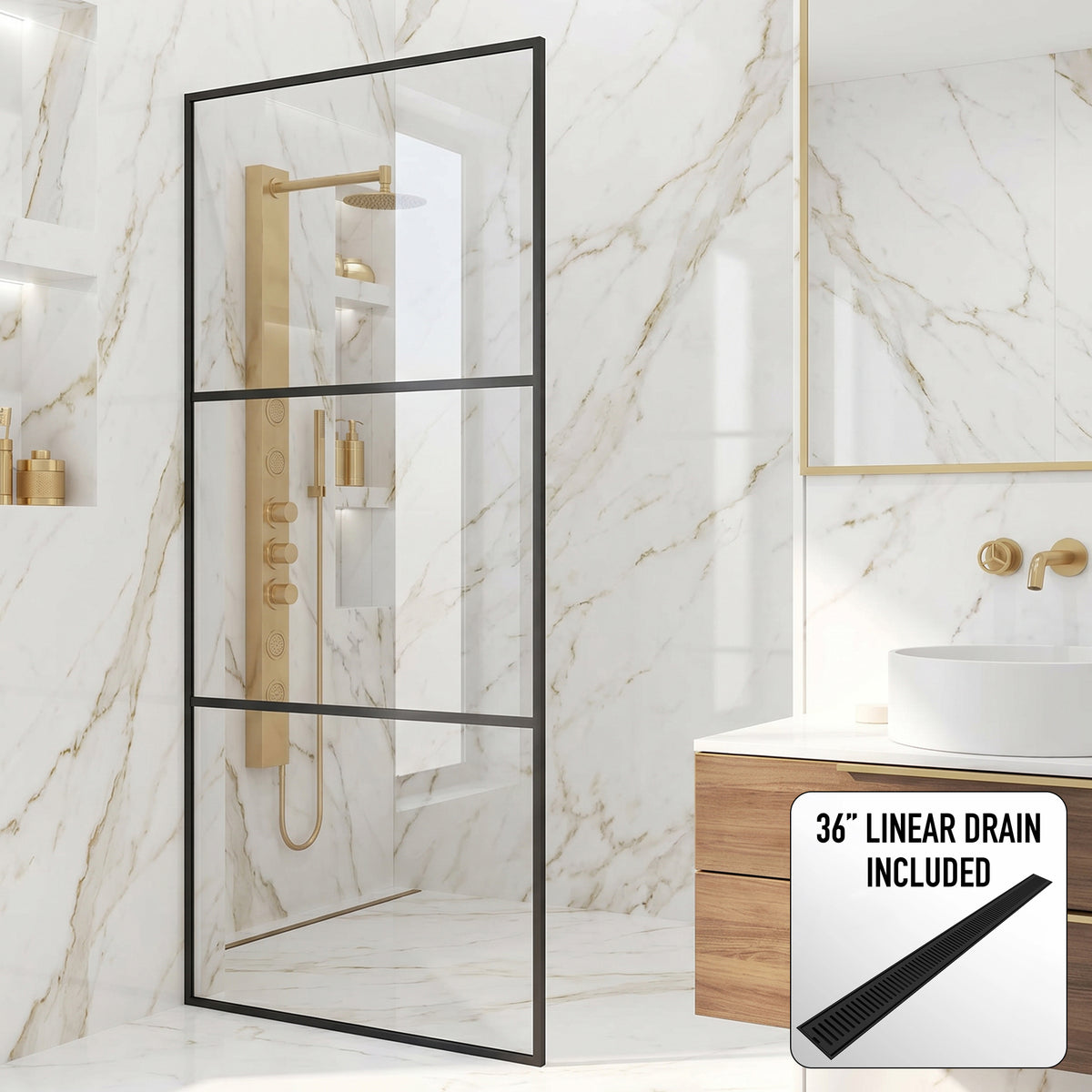 Divide 34 in. W x 74 in. H Framed Fixed Shower Screen in Matte Black with 3/8 in. (10mm) Clear Glass and Elan 36 in. Linear Shower Drain