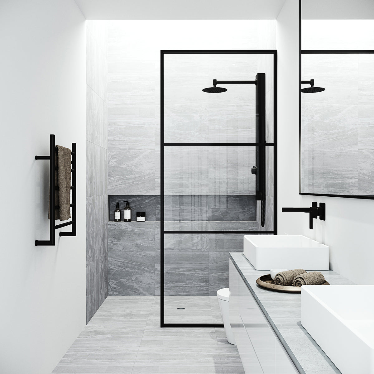 Divide 34 in. W x 74 in. H Framed Fixed Shower Screen in Matte Black with 3/8 in. (10mm) Clear Glass and Elan 36 in. Linear Shower Drain