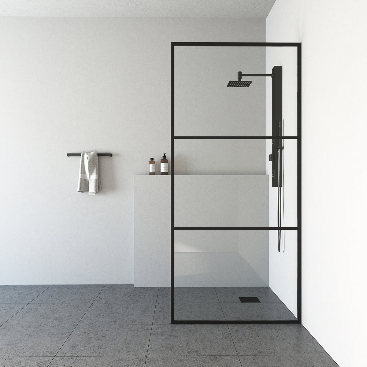 Divide 34 in. W x 74 in. H Framed Fixed Shower Screen in Matte Black with 3/8 in. (10mm) Clear Glass and Elan 36 in. Linear Shower Drain