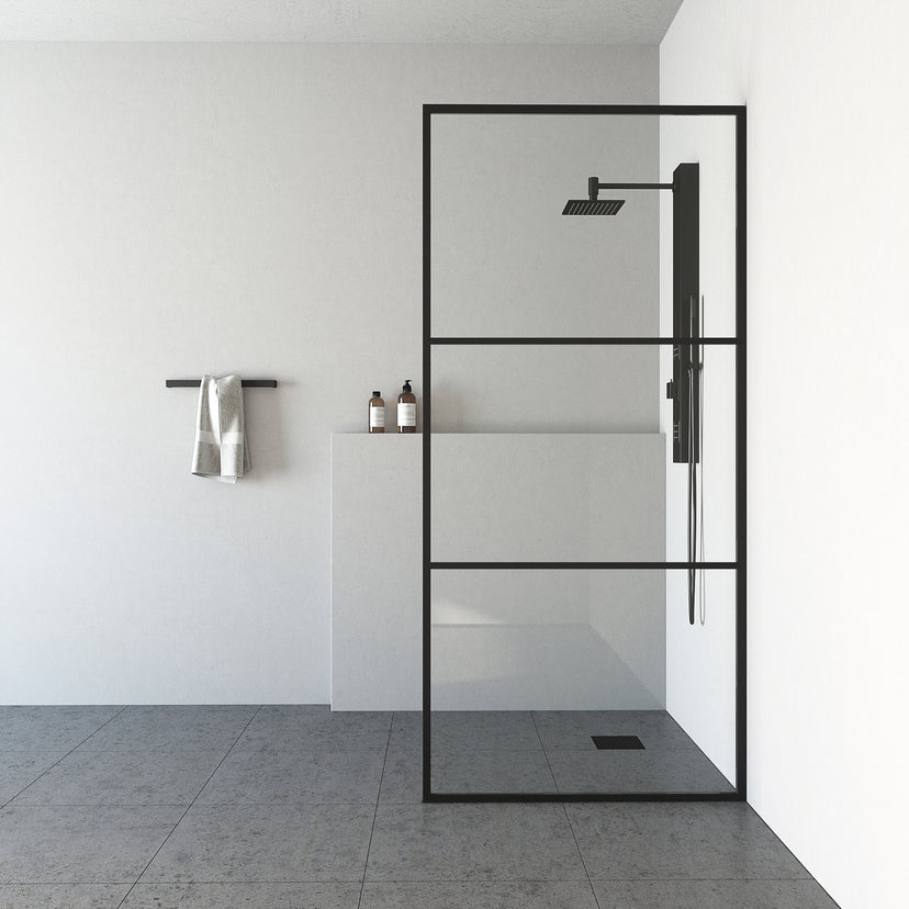Divide 34 in. W x 74 in. H Framed Fixed Shower Screen in Matte Black with 3/8 in. (10mm) Clear Glass and Elan 36 in. Linear Shower Drain