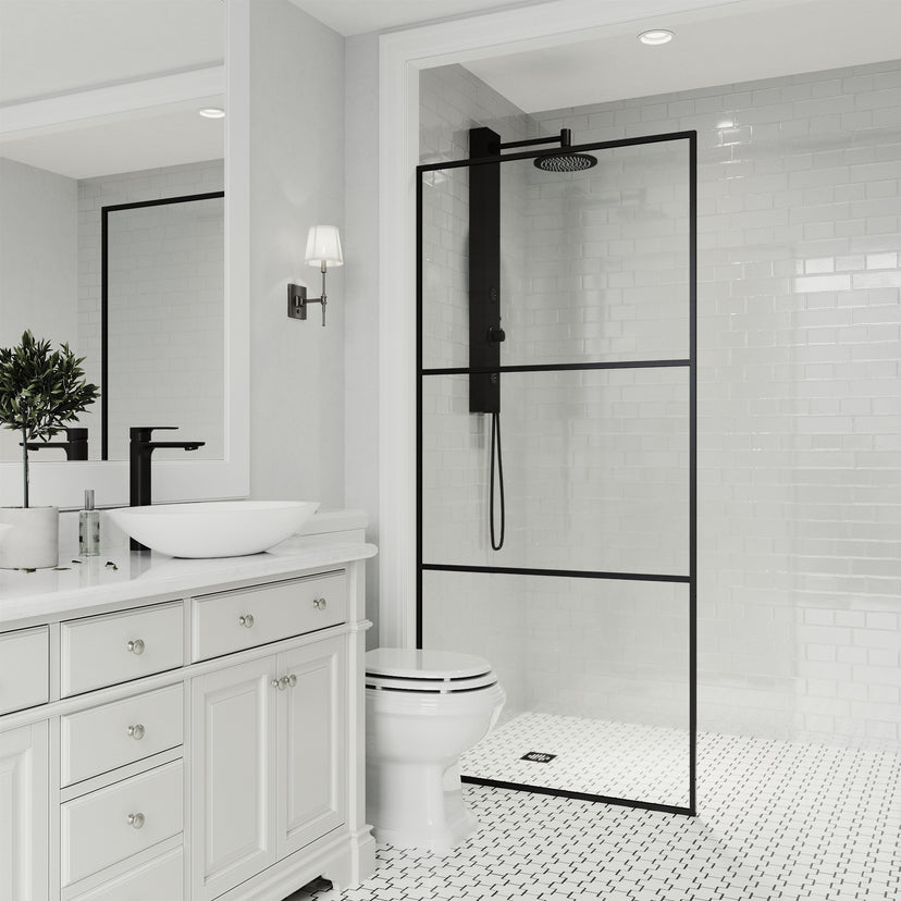 Divide 34 in. W x 74 in. H Framed Fixed Shower Screen in Matte Black with 3/8 in. (10mm) Clear Glass and Elan 36 in. Linear Shower Drain