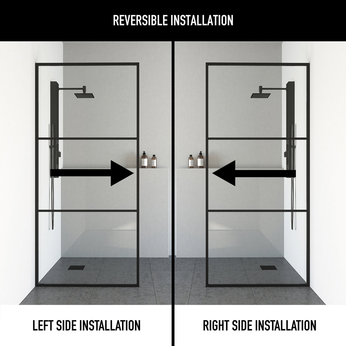 Divide 34 in. W x 74 in. H Framed Fixed Shower Screen in Matte Black with 3/8 in. (10mm) Clear Glass and Elan 36 in. Linear Shower Drain