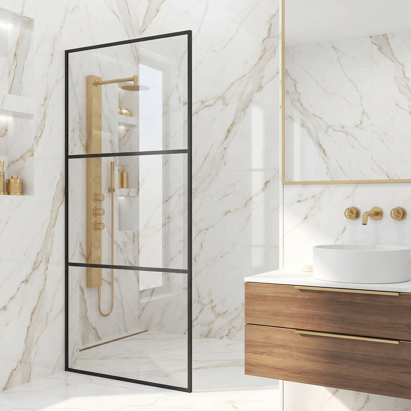 Divide 34 in. W x 74 in. H Framed Fixed Shower Screen in Matte Black with 3/8 in. (10mm) Clear Glass and Elan 36 in. Linear Shower Drain