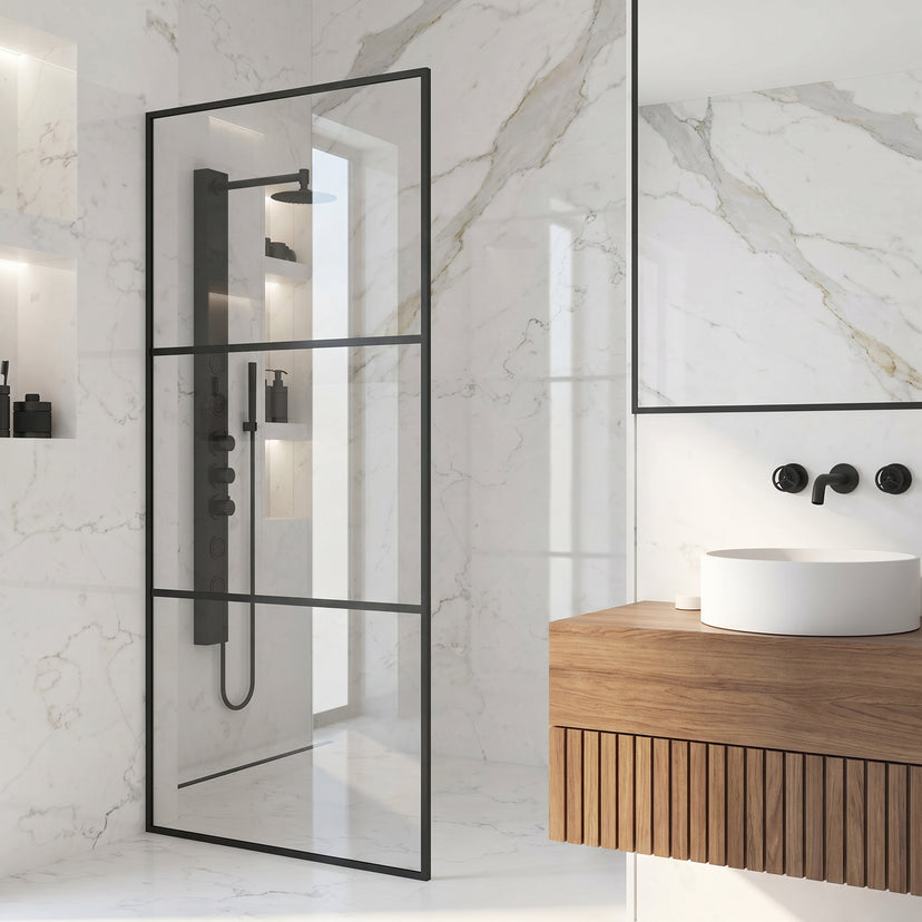 Divide 34 in. W x 74 in. H Framed Fixed Shower Screen in Matte Black with 3/8 in. (10mm) Clear Glass and Elan 36 in. Linear Shower Drain