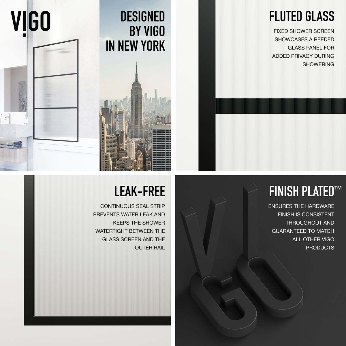 VIGO Meridian 34 x 62 in. Framed Fixed Tub Screen with Clear/Fluted Tempered Glass