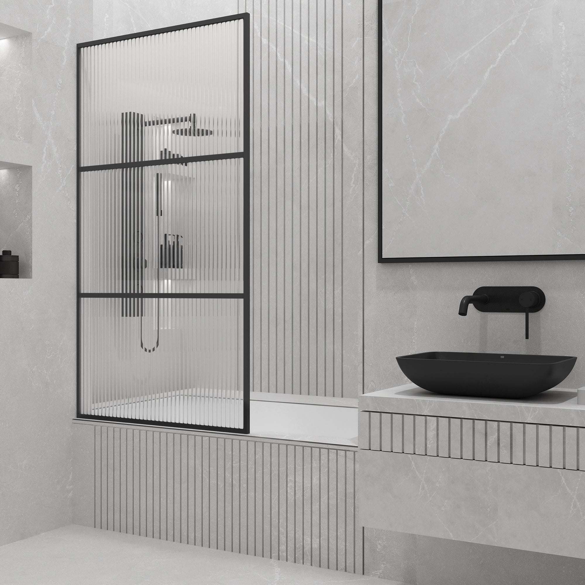 Matte black Meridian Divide slide shower door with fluted tempered glass and metal-style gridlines