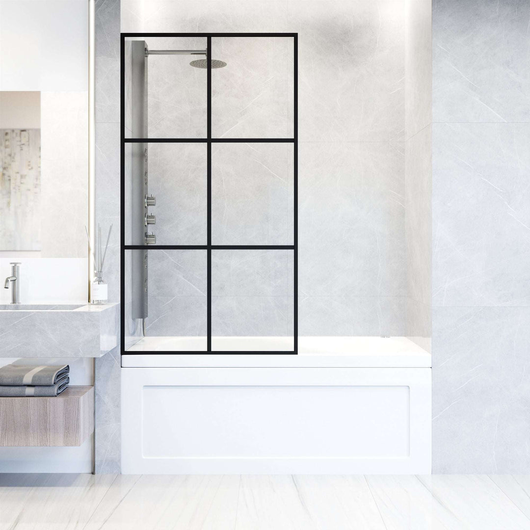 VIGO Meridian Ventana 34 x 62 in. Matte Black Framed Fixed Tub Screen with Clear/Fluted Tempered Glass