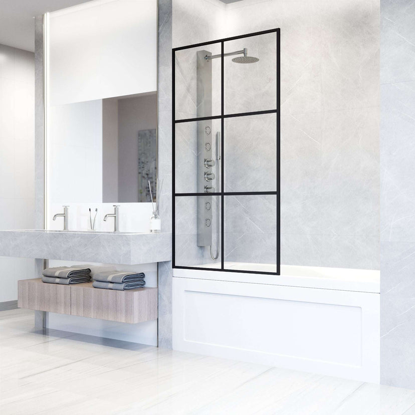 VIGO Meridian Ventana 34 x 62 in. Matte Black Framed Fixed Tub Screen with Clear/Fluted Tempered Glass