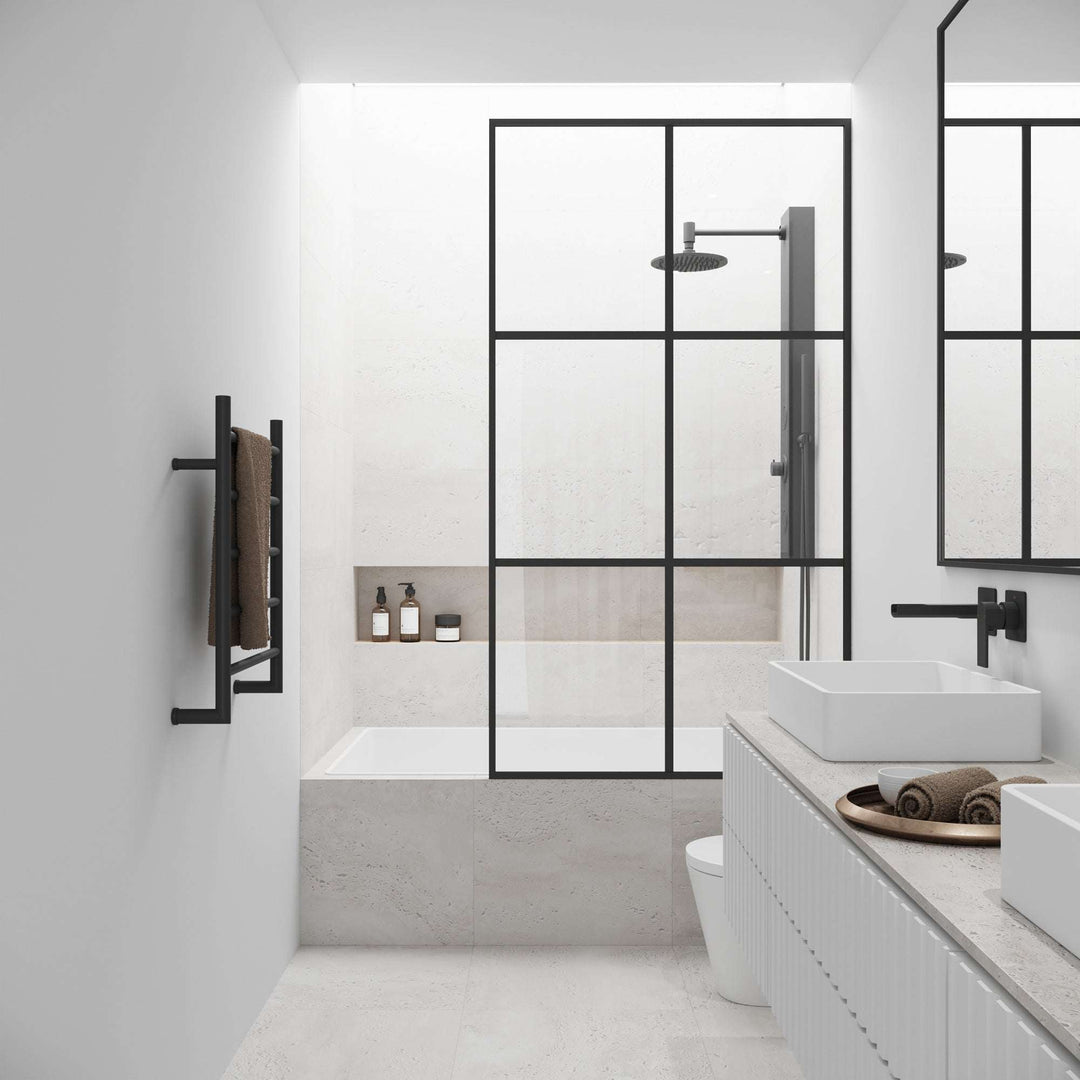 VIGO Meridian Ventana 34 x 62 in. Matte Black Framed Fixed Tub Screen with Clear/Fluted Tempered Glass