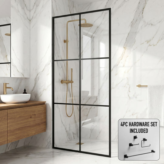 Ventana 34 in. W x 74 in. H Framed Fixed Shower Screen Door and Meridian 4-Piece Bath Hardware Set in Matte Black