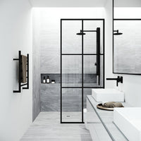 Ventana 34 in. W x 74 in. H Framed Fixed Shower Screen Door and Meridian 4-Piece Bath Hardware Set in Matte Black