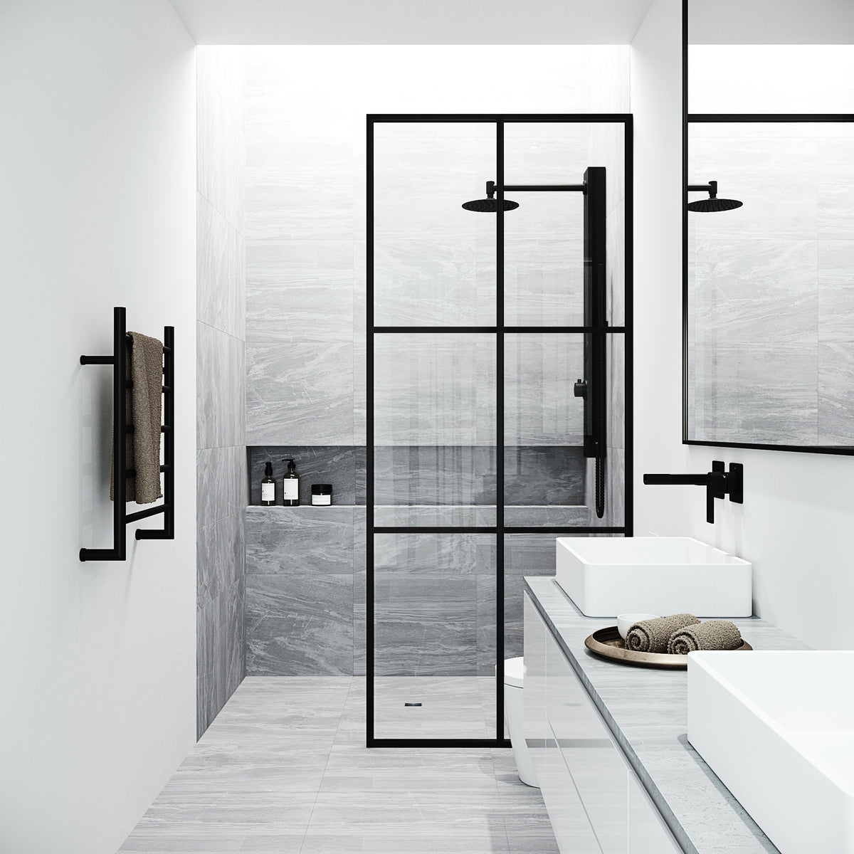 Ventana 34 in. W x 74 in. H Framed Fixed Shower Screen Door and Meridian 4-Piece Bath Hardware Set in Matte Black