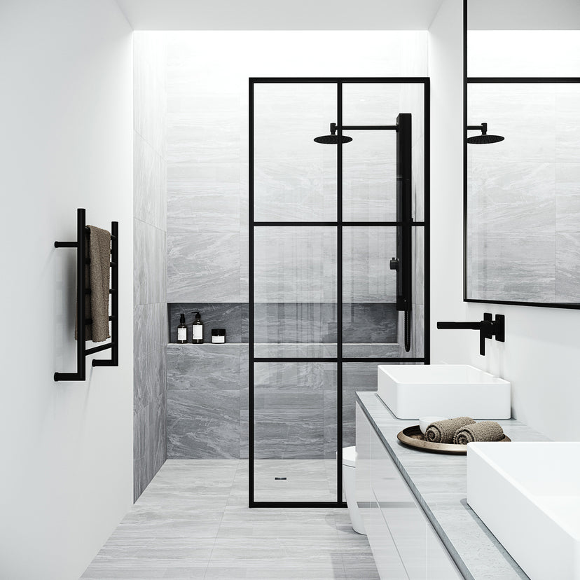 Ventana 34 in. W x 74 in. H Framed Fixed Shower Screen Door and Meridian 4-Piece Bath Hardware Set in Matte Black
