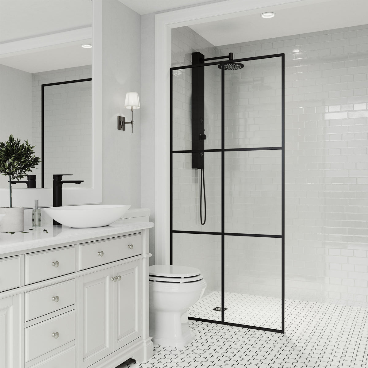Ventana 34 in. W x 74 in. H Framed Fixed Shower Screen Door and Meridian 4-Piece Bath Hardware Set in Matte Black