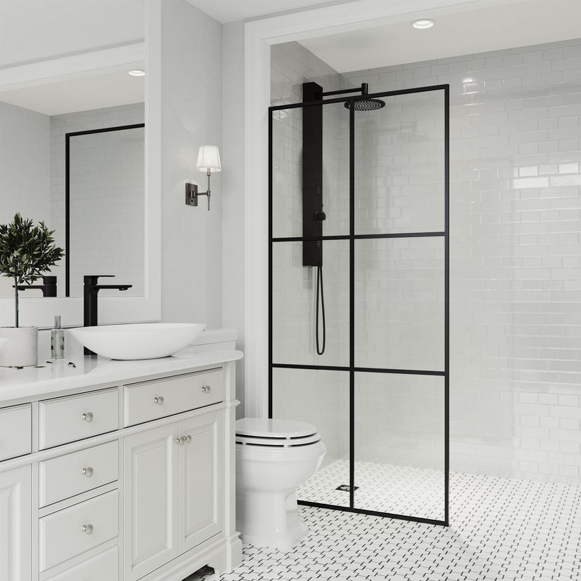 Ventana 34 in. W x 74 in. H Framed Fixed Shower Screen Door and Meridian 4-Piece Bath Hardware Set in Matte Black