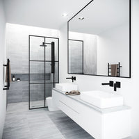 Ventana 34 in. W x 74 in. H Framed Fixed Shower Screen Door and Meridian 4-Piece Bath Hardware Set in Matte Black