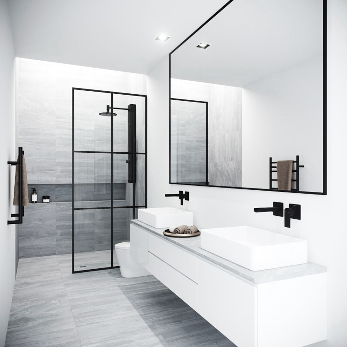 Ventana 34 in. W x 74 in. H Framed Fixed Shower Screen Door and Meridian 4-Piece Bath Hardware Set in Matte Black