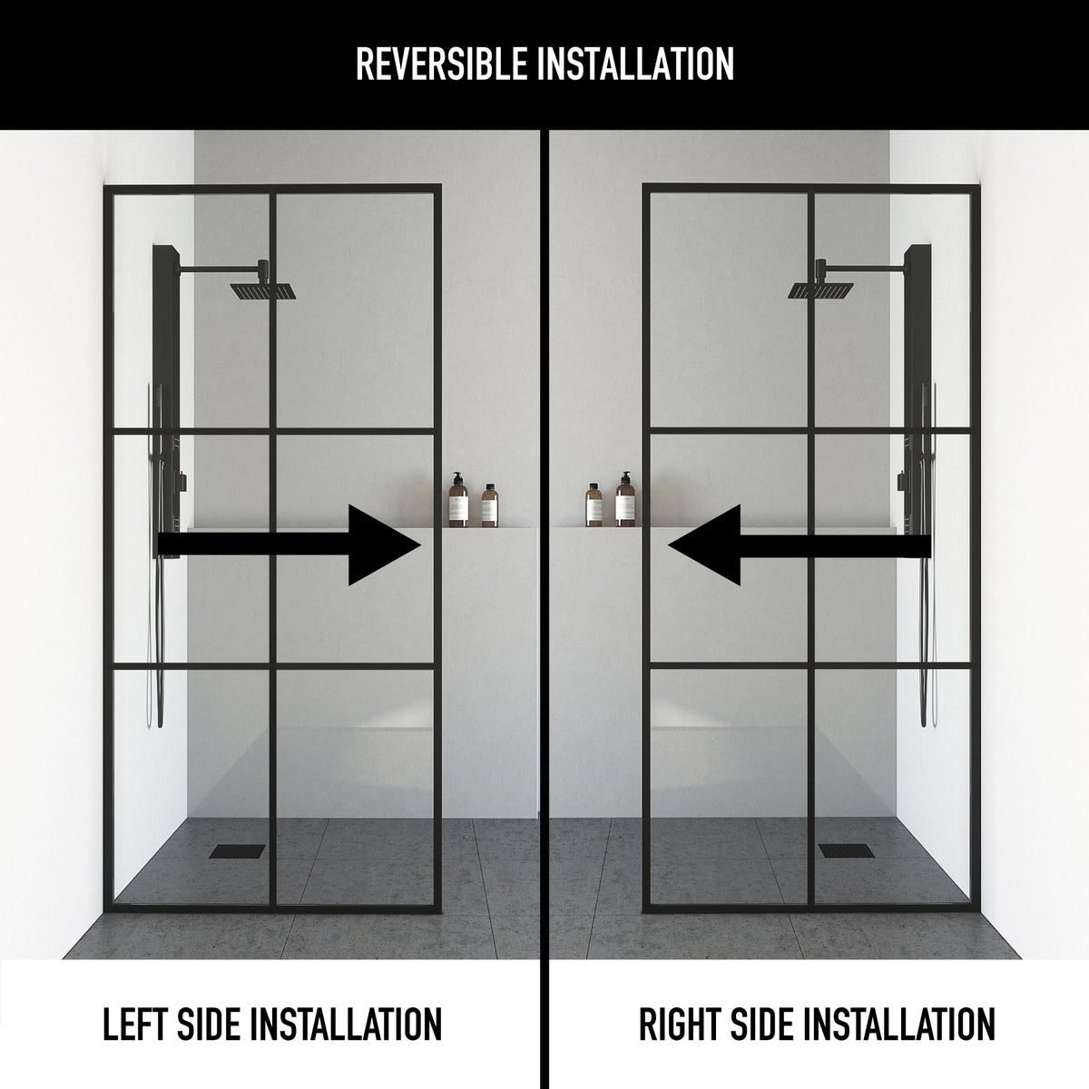 Ventana 34 in. W x 74 in. H Framed Fixed Shower Screen Door and Meridian 4-Piece Bath Hardware Set in Matte Black