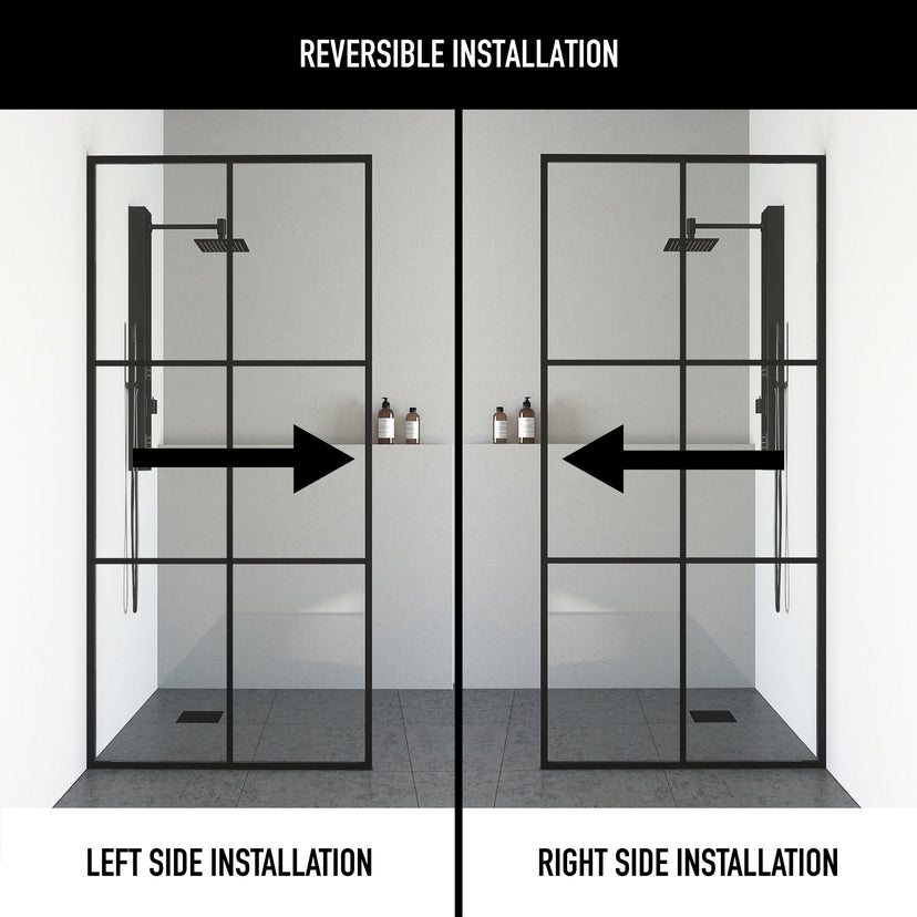 Ventana 34 in. W x 74 in. H Framed Fixed Shower Screen Door and Meridian 4-Piece Bath Hardware Set in Matte Black