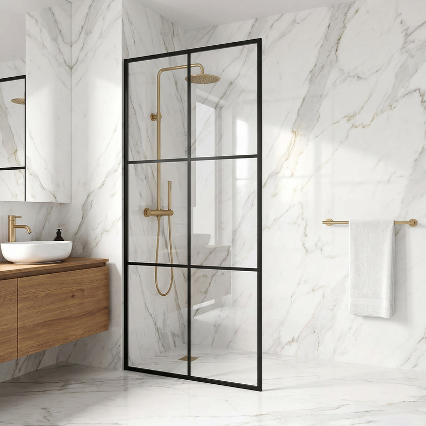 Ventana 34 in. W x 74 in. H Framed Fixed Shower Screen Door and Meridian 4-Piece Bath Hardware Set in Matte Black