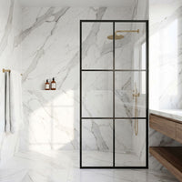 Ventana 34 in. W x 74 in. H Framed Fixed Shower Screen Door and Meridian 4-Piece Bath Hardware Set in Matte Black
